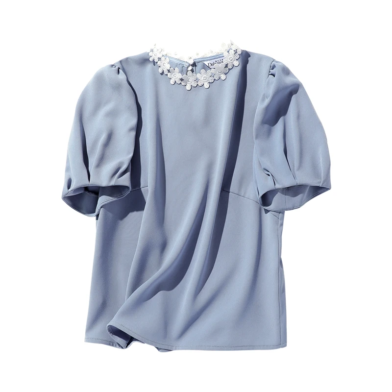 Gray Blue Dabuwawa женская короткая блузка, женская рубашка с О-образным вырезом и рукавом-фонариком, новинка, элегантные топы розового/серого/синего цвета DN1BST013 - Цвет: Gray Blue
