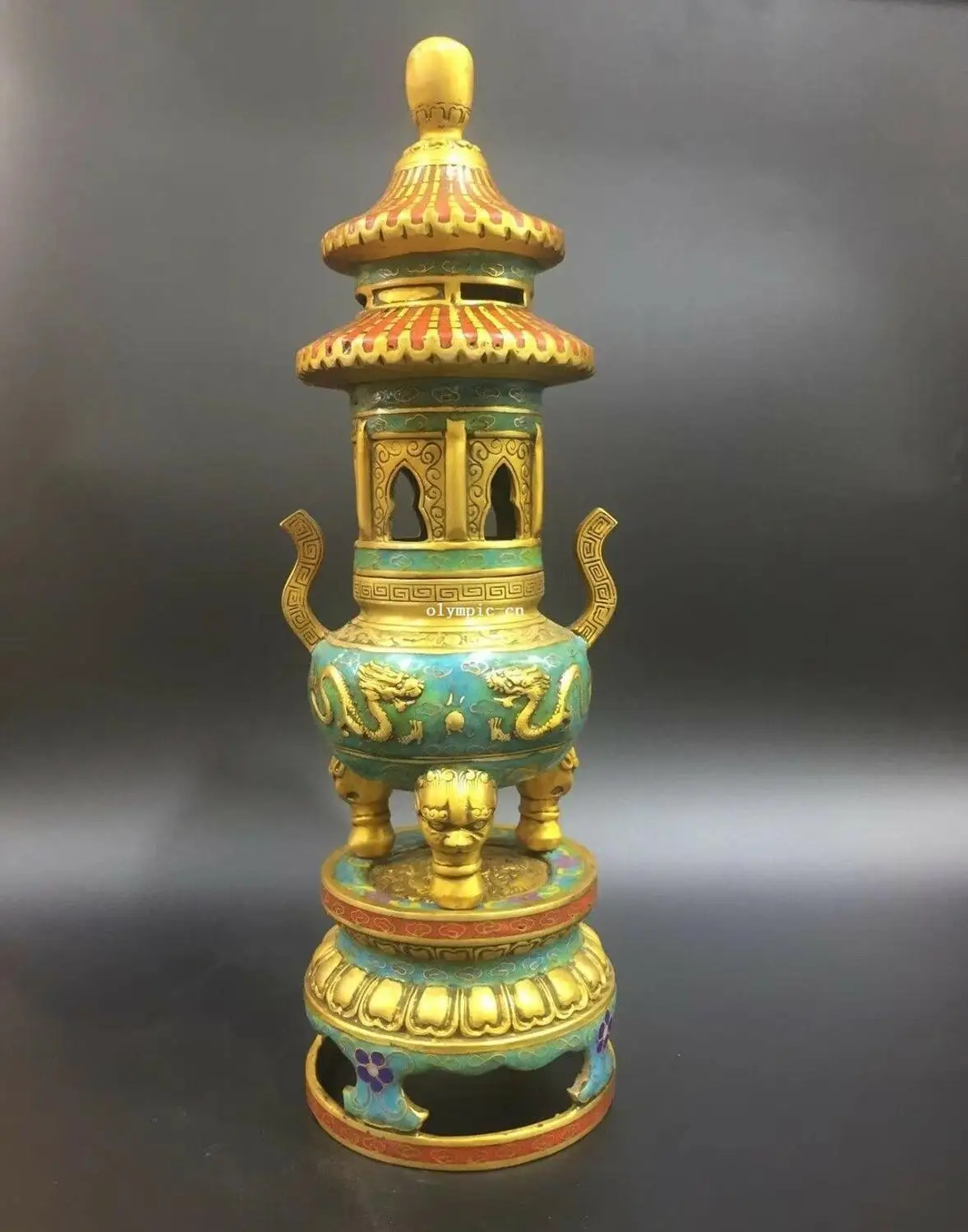 

15'' bronze copper gold cloisonne enamel flower dragon pagoda stupa censer