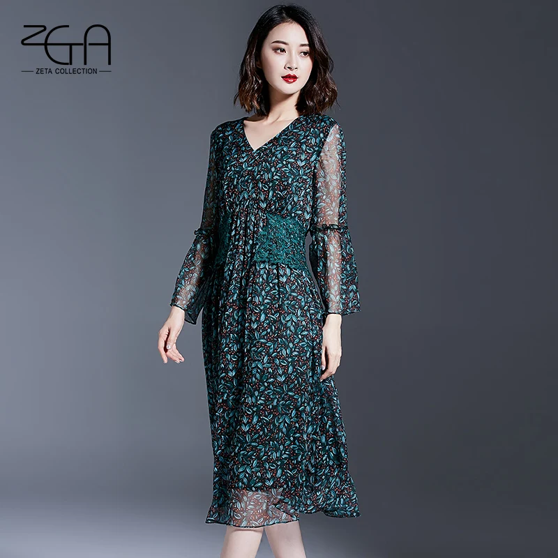 2017 весна Темперамент v-образным вырезом печатных чистого шелка длинный dress