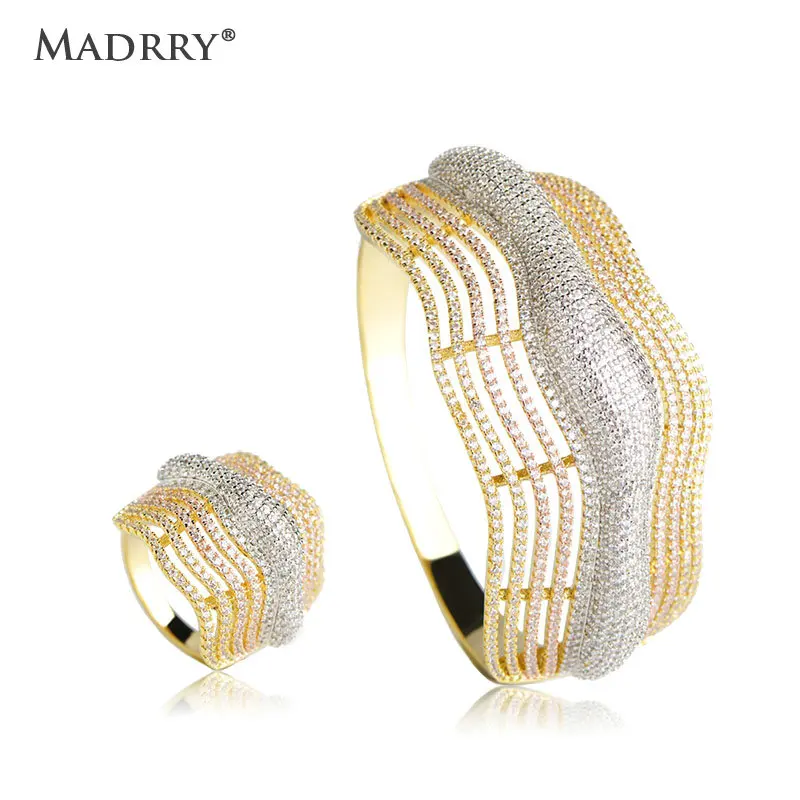 

Madrry Gorgeous Bangle & Ring Jewelry Sets For Women AAA Cubic Zirconia 3 Colors Copper Metal Wedding Accessories Pulseira Joias