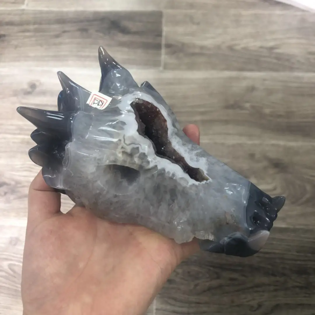 Дешевая цена резной натуральный агат geode dragon head украшение для дома для заживления 0,84 кг DD