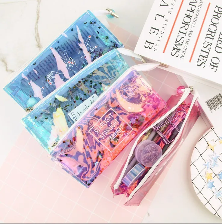 Cool laser pencil case school transparent sequins bag cosmetic Office School Supplies | Канцтовары для офиса и дома