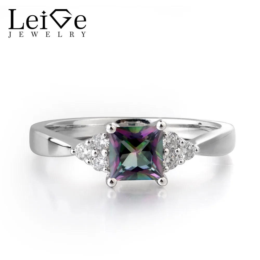 

Leige Jewelry Genuine Rainbow Colorful Mystic Topaz Princess Cut Engagement Romantic Rings For Woman 925 Sterling Silver