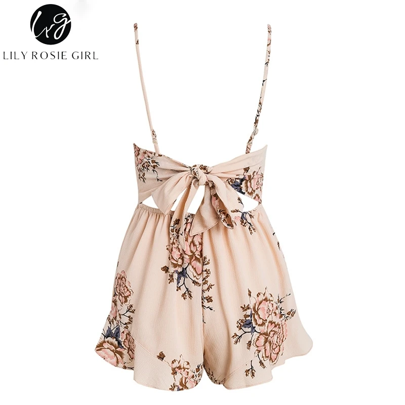 Lily Rosie Girl Chiffon Bow Print Floral Playsuit Spaghetti Strap V Neck Sexy Hollow Out Short Women Jumpsuit Rompers | Женская одежда