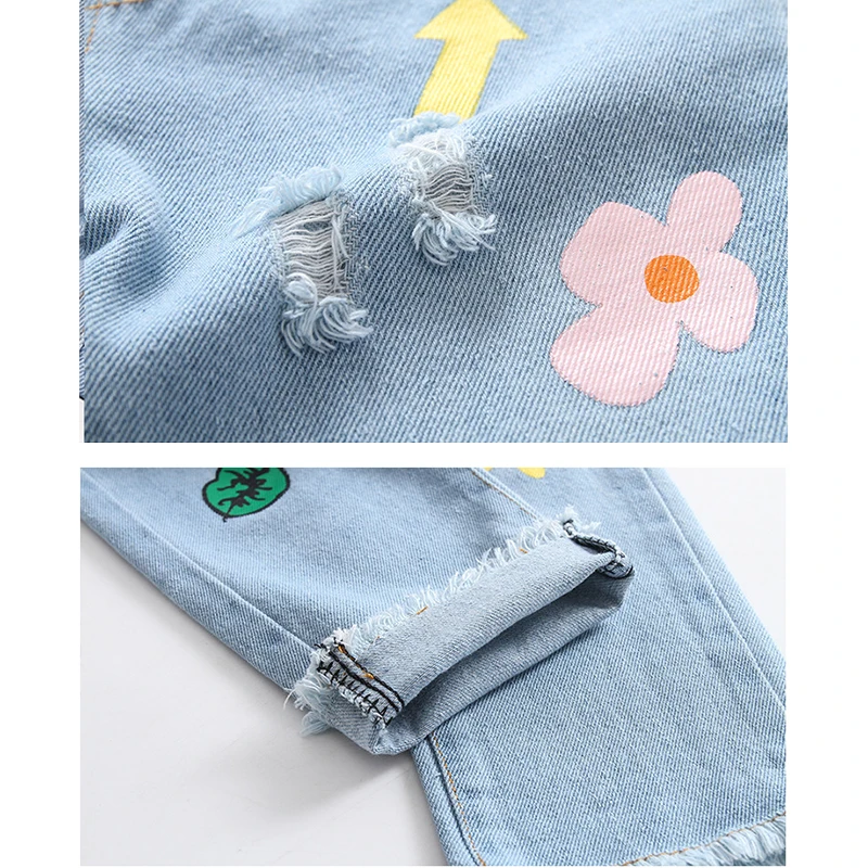 Широкие штаны модные детские джинсы с принтом Детские эластичные длинные