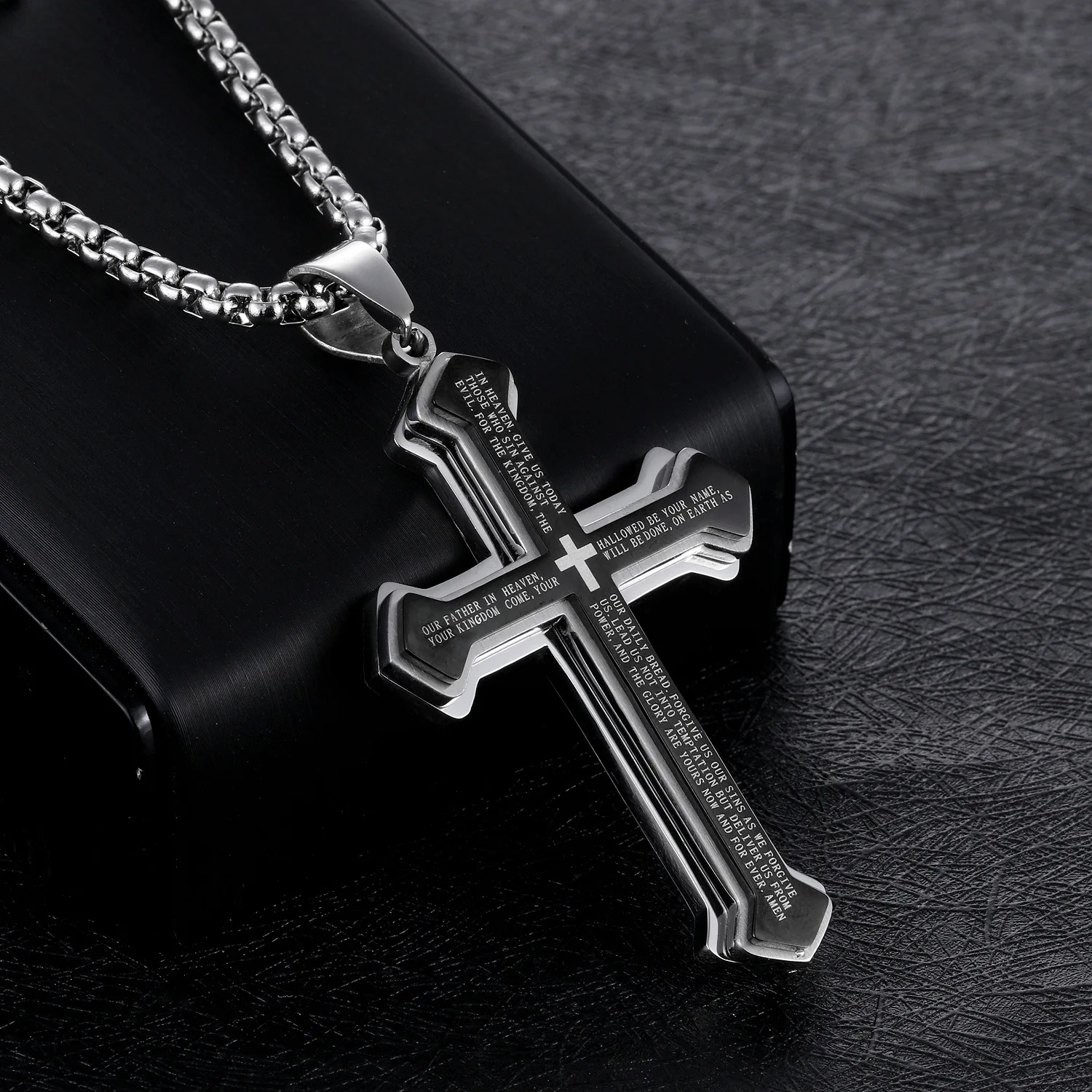 Punk Rock Stainless Steel Cross Scripture Bible Pendant Necklace for Mens Womens Black | Украшения и аксессуары