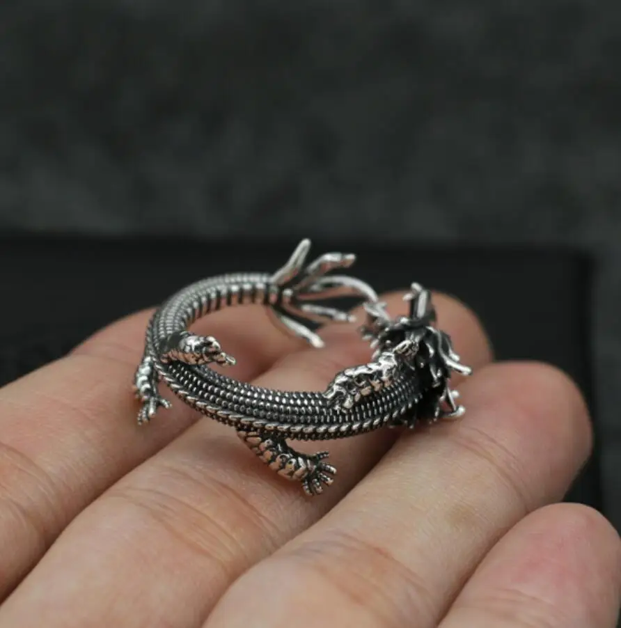 Мужское серебряное кольцо с драконом Открытое натуральным камнем|Кольца| |