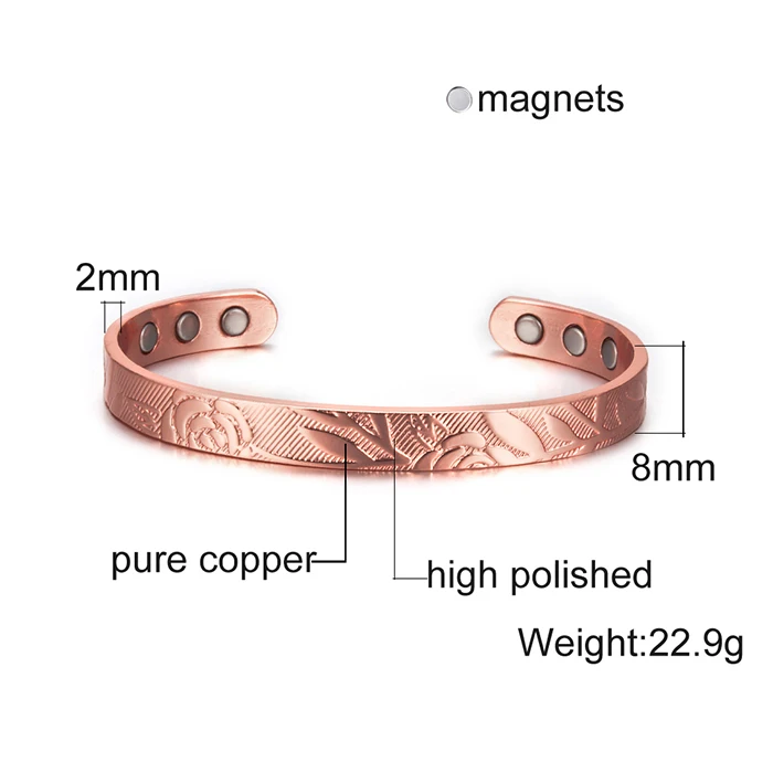 8mm Vinterly магнитный медный браслет женский подарок Роза Регулируемый Браслет-манжета энергетические чистые браслеты из меди для женщин - Окраска металла: 8mm