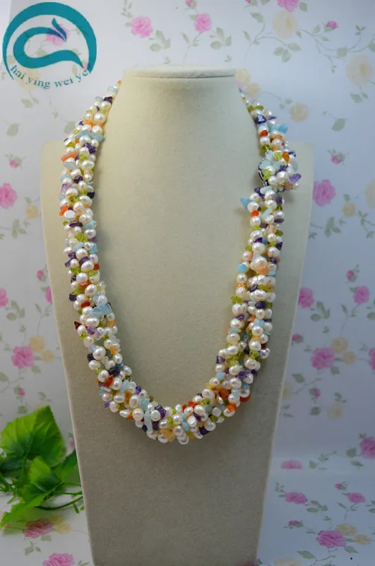 

Unique Pearls jewellery Store AA 5-8MM Multicolor Gemstone Natural White Freshwater Pearl Necklace Woman Fine Jewelry