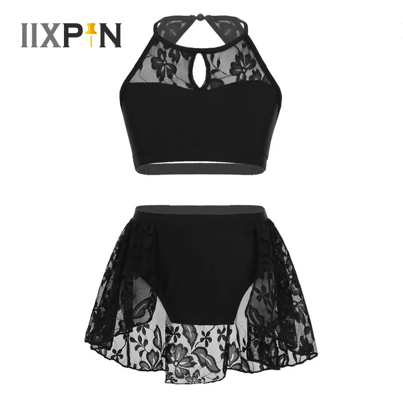 

IIXPIN Kids Girls Dance Dress Sleeveless Keyhole Halter Lace Splice Crop Top with Bottoms Set Lyrical Modern Contemporary Dance