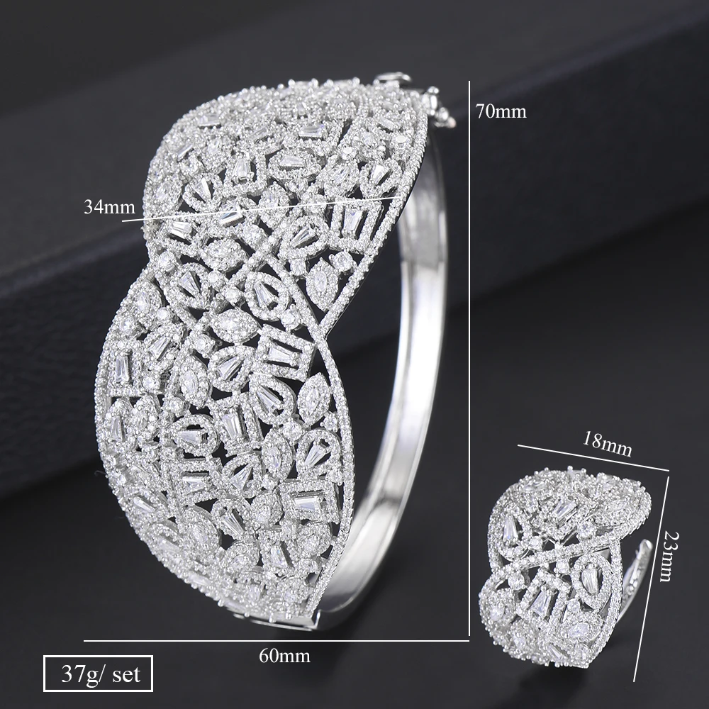 2PCS Jewelry Set Indian Style Wide Surface Full Cubic Zirconia Bangle Bracelet Ring jewelry sets For Women Engagement | Украшения и