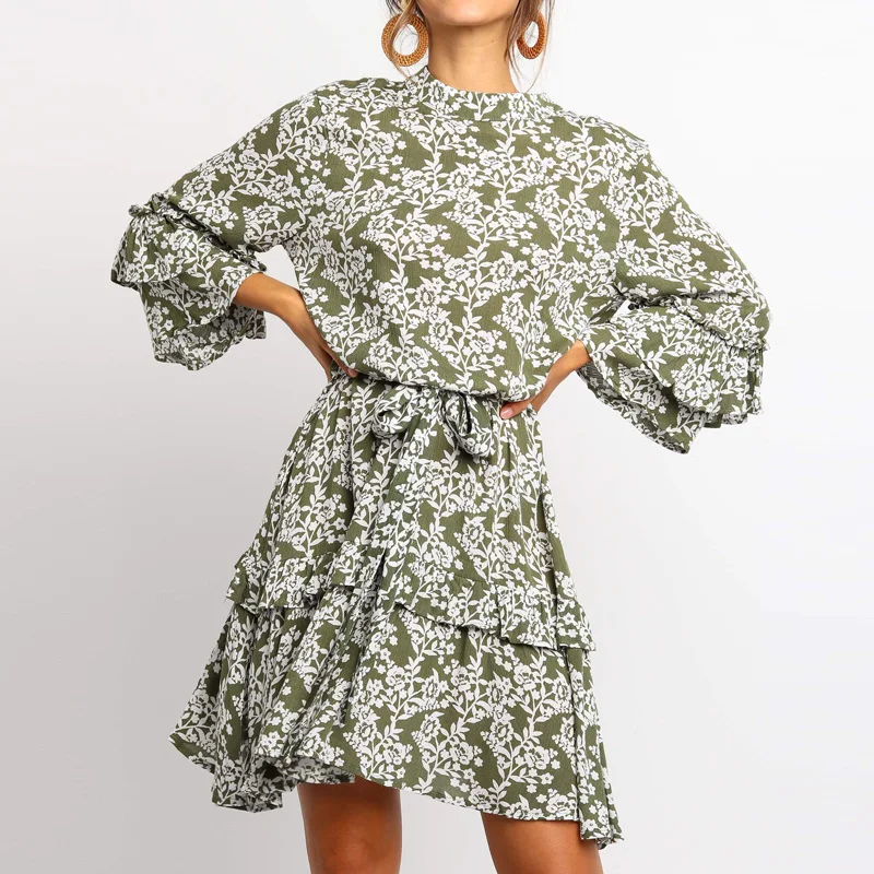 

women's elegant floral casual seven-point sleeve office women's dress sexy high round neck women's dress
