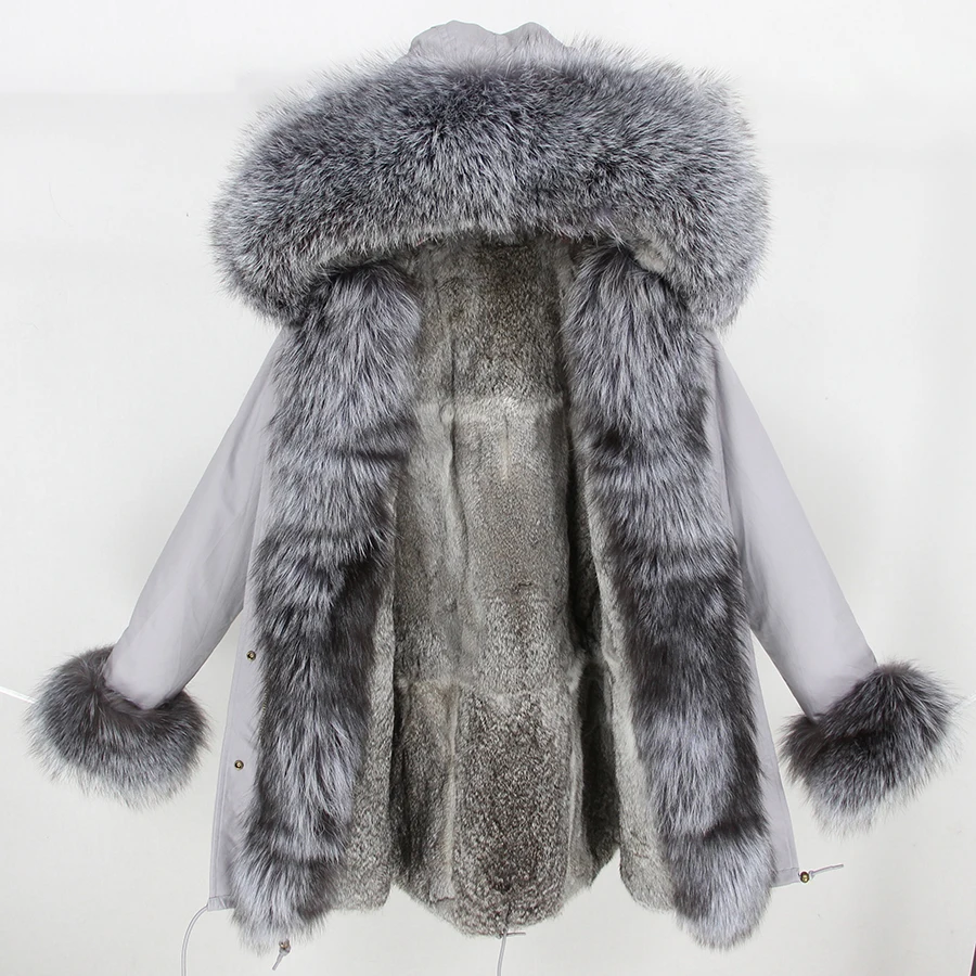 OFTBUY новая зимняя куртка женская длинная парка Воротник из меха серебристой лисы с капюшоном Толстая теплая верхняя одежда с подкладкой из меха кролика уличная одежда Новинка