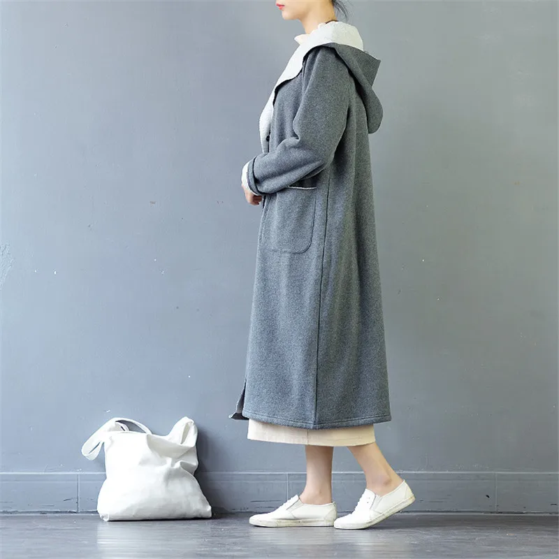 SCUWLINEN, осенне-зимняя женская куртка, одноцветная, винтажная, с капюшоном, на пуговицах, свободная, длинная, утолщенная, хлопок, флис, толстовки S461