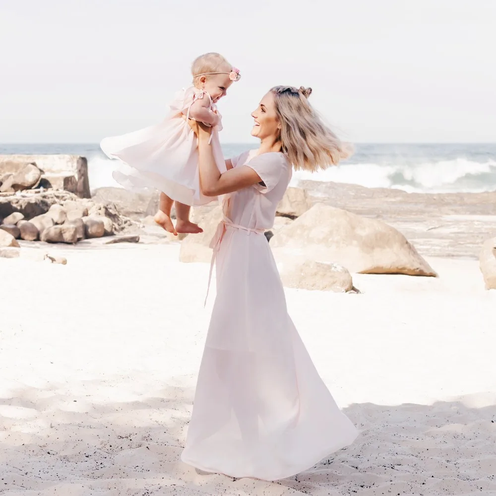 Mother Daugther Dresses Summer Mom And Me Prue Color Dress Family Look Matching Outfits Clothes Cute Lovely Mum Sister Baby Girl