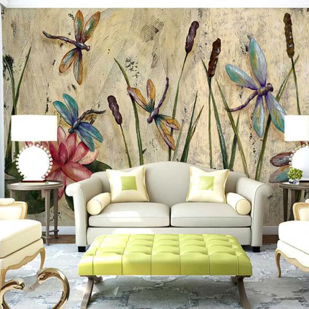 Персонализированные Стрекоза роспись лотоса стены Бумага s Eurpoean Винтаж большой