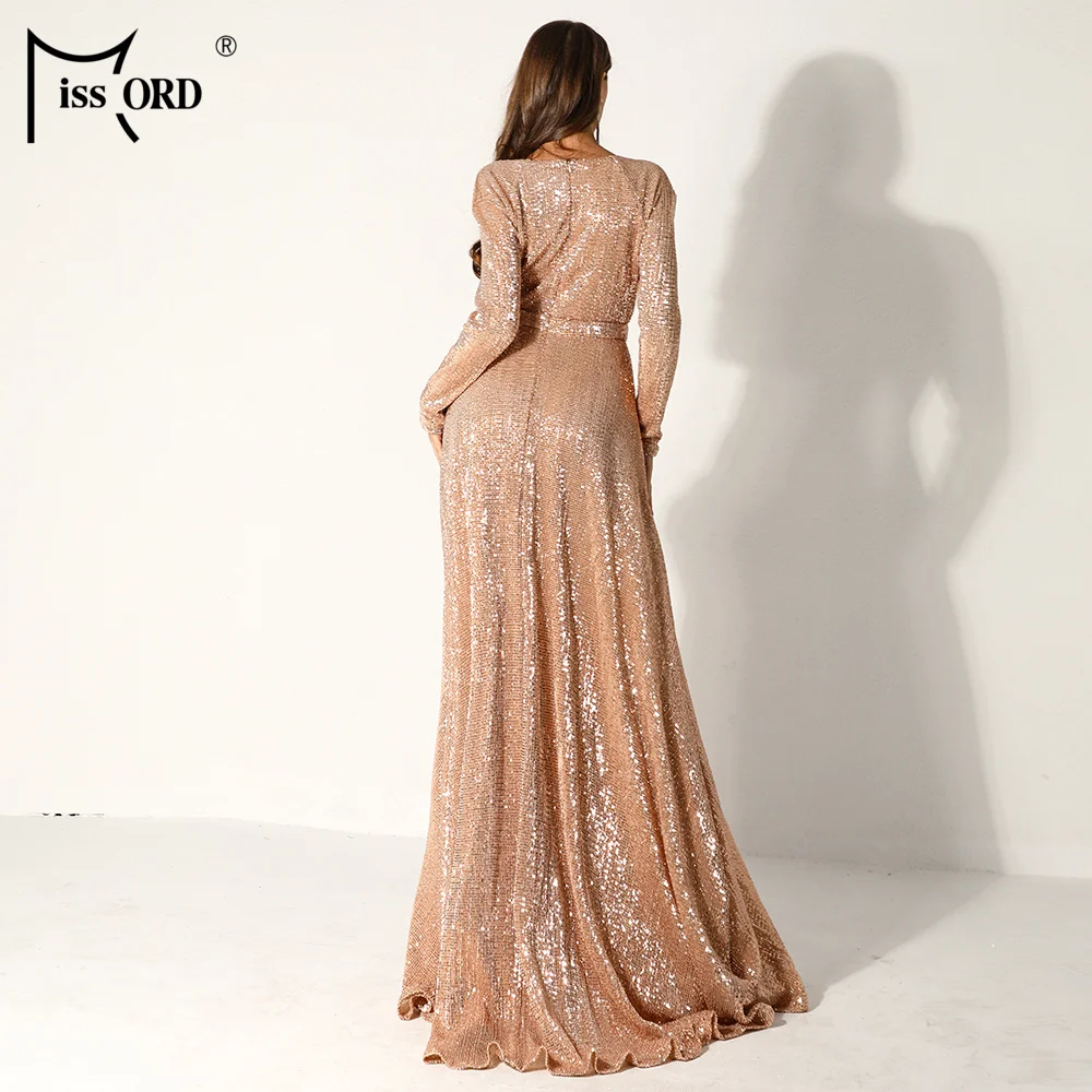Missord Women Sexy Deep-V Long Sleeve High Split Dress Female Sequin Elegant Party Maxi Reflective Dress FT9707-3