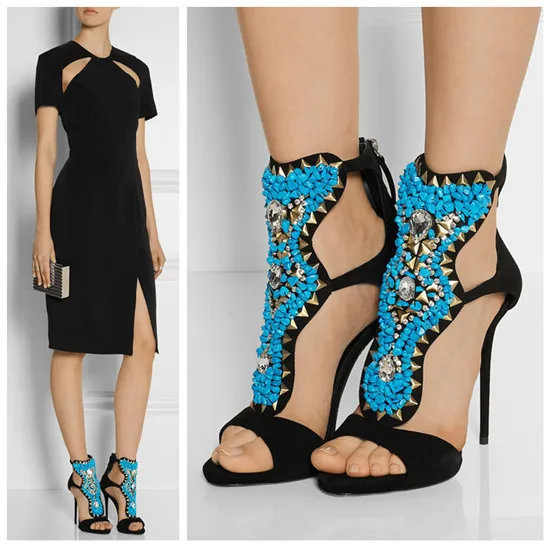 Сандалии гладиаторы женские блестящие босоножки на высоком каблуке синие камни