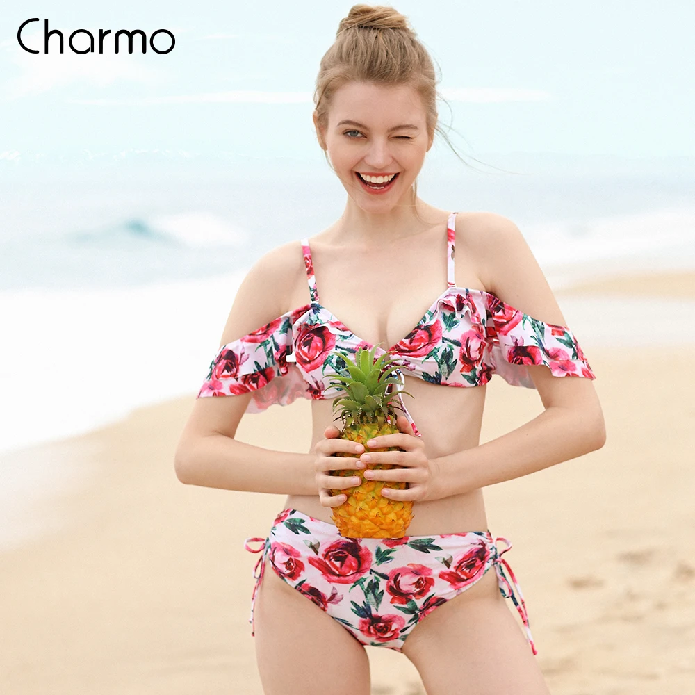 

Комплект бикини Charmo, стильный купальник с рюшами, розовый купальник, бикини с принтом, Изящные цветочные бикини, купальники на бретельках, к...