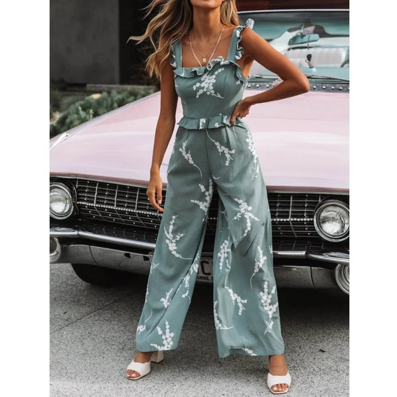 new sexy straps ruffled printed one-piece trousers women vintage backless print female Siamese trousers Lake Blue summer