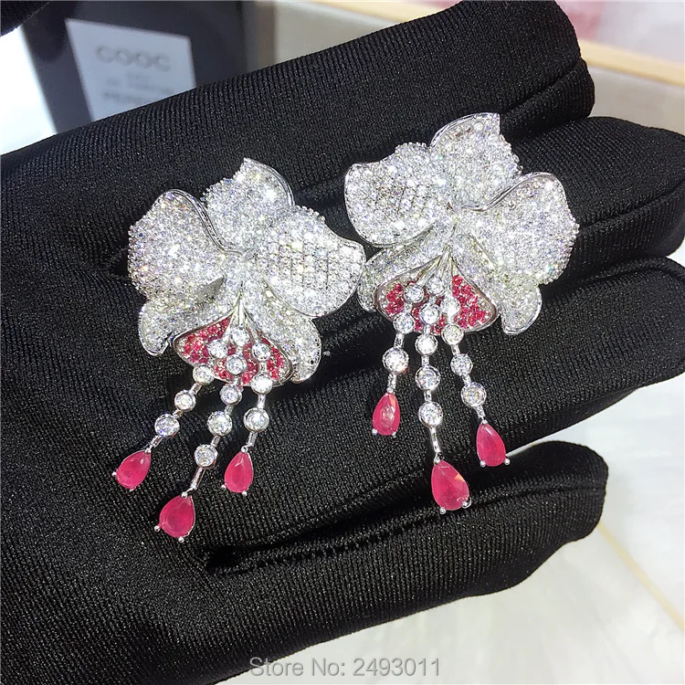 High quality new designer fashion red 3A zirconia crystal flower stud earrings white-gold-color brincos copper jewelry for women | Украшения