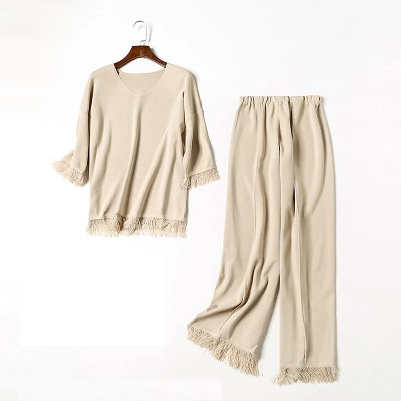 

Set women's new personality tassel fashion early autumn five-point sleeve nine pants home casual chiffon shirt wide leg pants