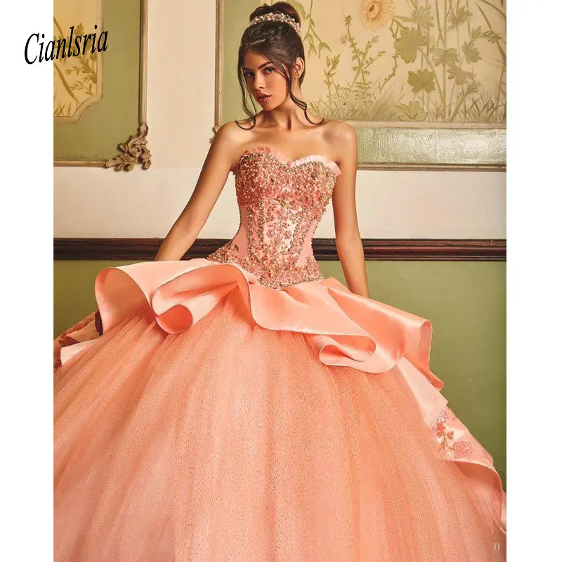 

Классическое бальное платье с бисером, платья для Quinceanera, милое платье с аппликацией и вырезом сердечком, атласное платье для маскарада со ш...