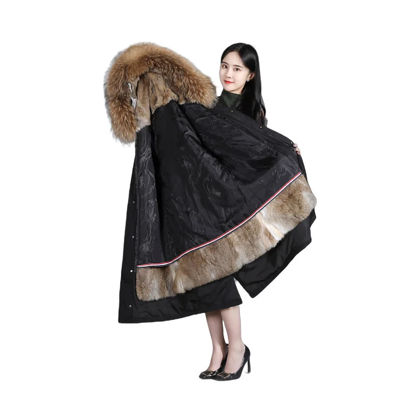 Winter Women's Jacket Raccoon Fur Natural Raccoon Fur Collar Long Sleeve Fox Fur Long Jacket Rex Rabbit Feather Lining