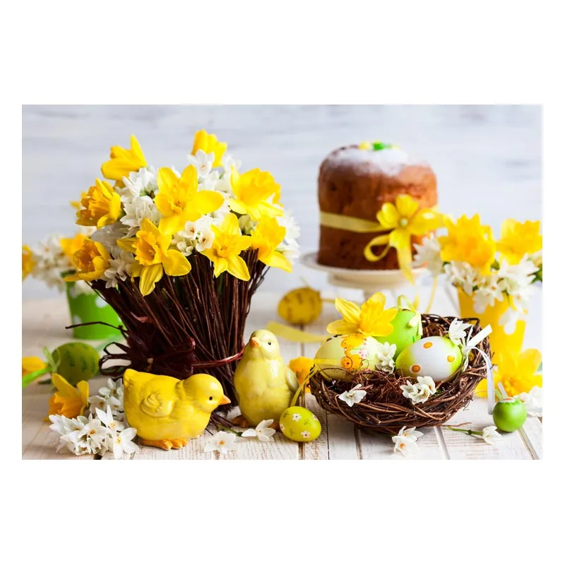 

5x7ft Backdrops Easter Eggs Beautiful Yellow Flower Small Bird Nest Chickens Wood Children Photography Background Photo Backdrop