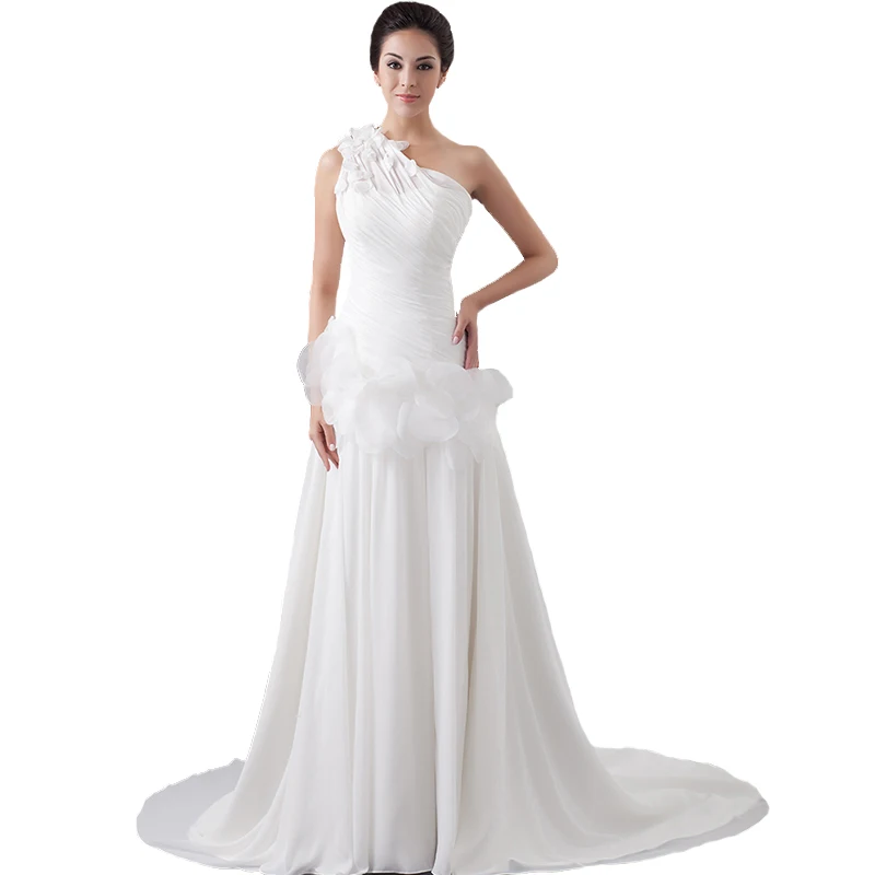 

Real Photo Beach Chiffon Bride Dress One Shoulder Side Zipper Petals Boho Wedding Dresses 2019 Designer Bridal Gowns Custom Made