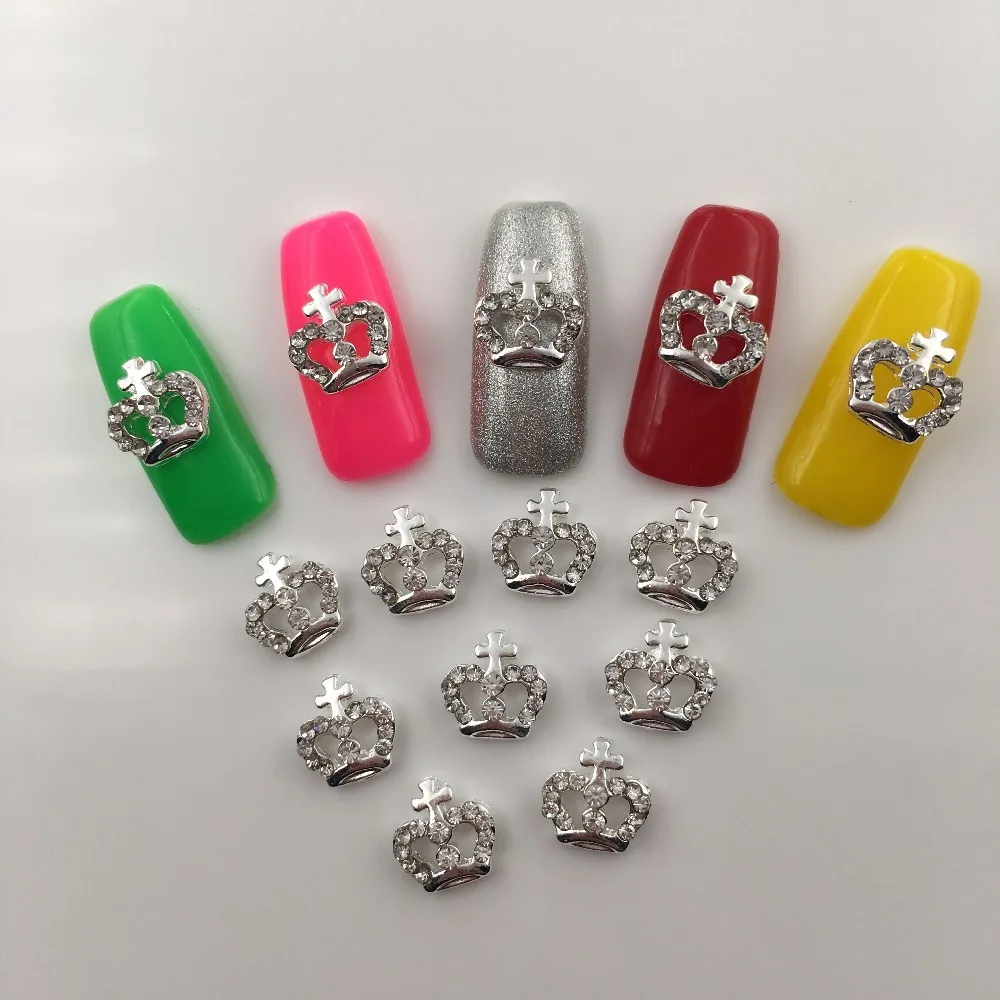 

LEAMX 10pcs/pack 3D Nail Jewelry Silver Crown Metal Decoration Nails Art For Manicure Design crystal pearl Nail Accessories Tool