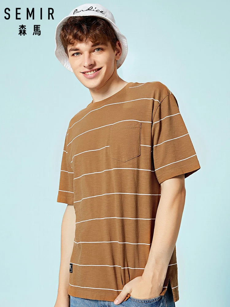SEMIR мужская полосатая футболка с карманом на груди круглым вырезом топы для