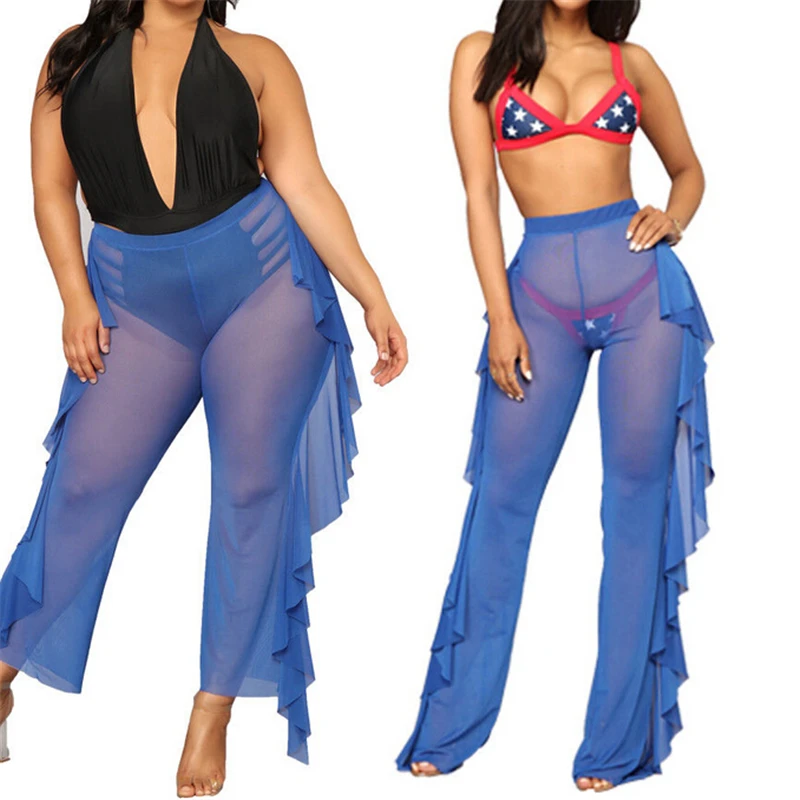 Сексуальные женские пляжные брюки с высокой талией прозрачные расклешенные