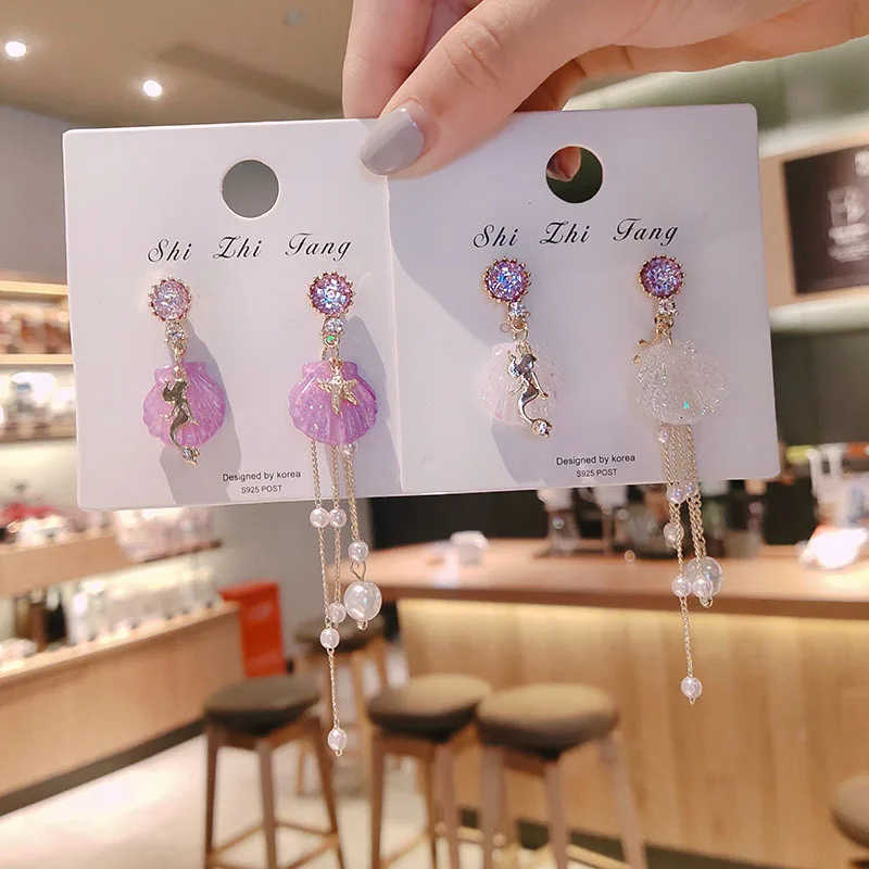 New Arrival Shell Trendy Women Dangle Earrings Asymmetric Long Tassel Earrings Female Jewelry Korean Pearl Earrings