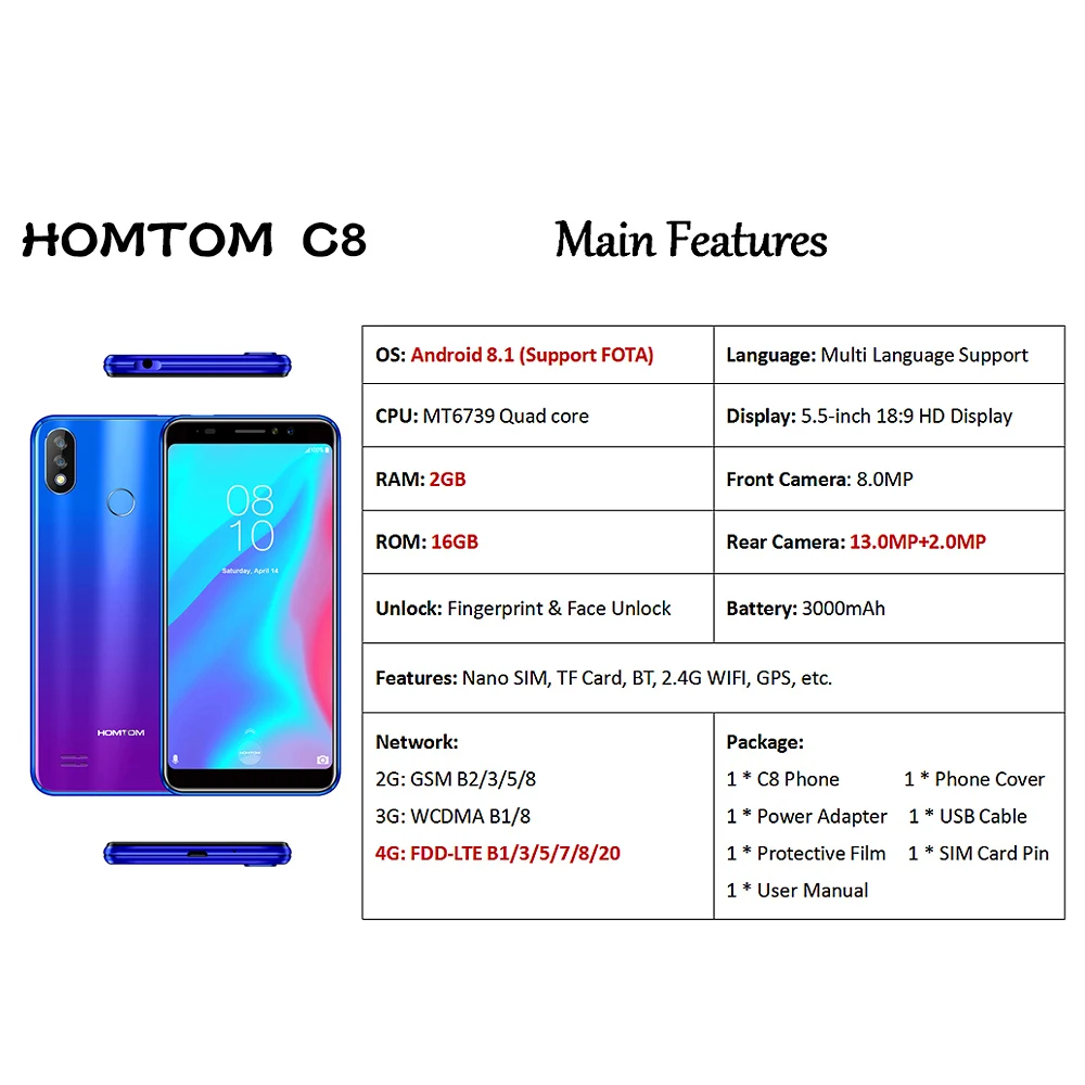 HOMTOM C8 мобильный телефон 5,5'' 18:9 градиент Android 8,1 2GB 16GB 13MP камера 4 ядра 3000 mAh лицо разблокирован смартфон с поддержкой сетей 4G LTE