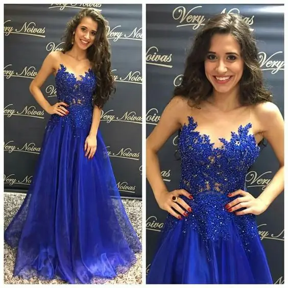Royal blue Элегантные ярко-синие вечерние платья с аппликацией из бисера, платье для выпускного вечера, длинное, без рукавов, круглый вырез, а-силуэт, Формальные Вечерние платья - Цвет: Royal blue