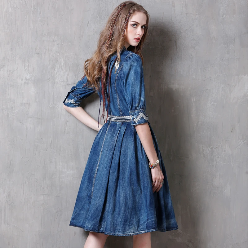 Летние женские платья 2017 платье из джинсовой ткани винтажное с цветочной