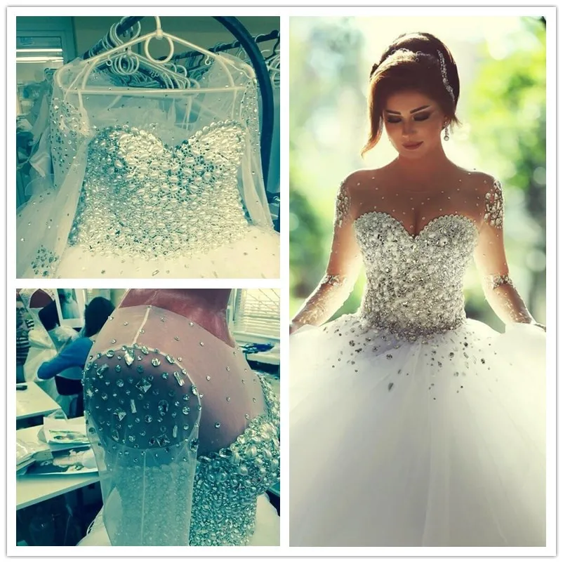 

Amazing New Wedding Dress Sheer Sleeves Crystal Beaded Princess Wedding Dresses Romantic Bride Dresses Vestido De Noiva