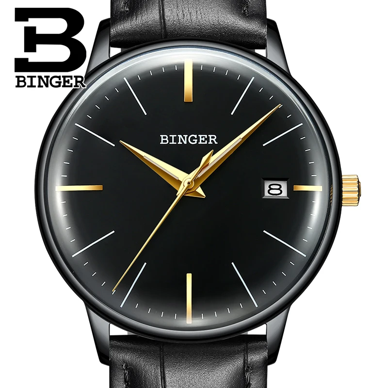 

Оригинальные швейцарские фирменные мужские часы BINGER, автоматические механические ультратонкие часы из кожи и стали с простой поверхностью