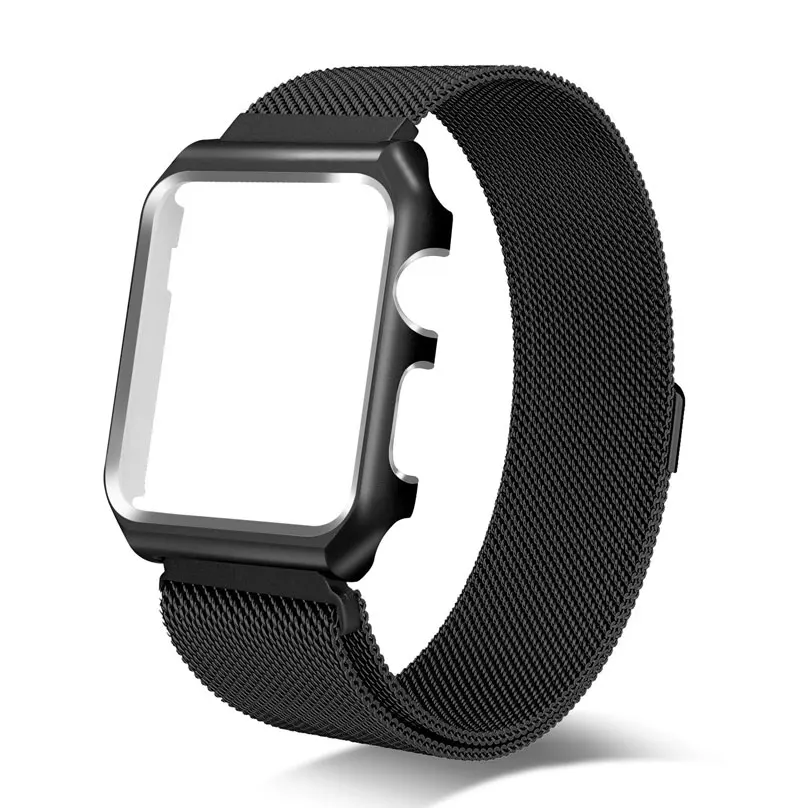 black Миланский ремешок+ чехол для Apple Watch 42 мм, 38 мм, 44 мм, 40 мм, браслет из нержавеющей стали, наручные Ремешки для наручных часов iwatch 4 3 2 1 - Цвет ремешка: black