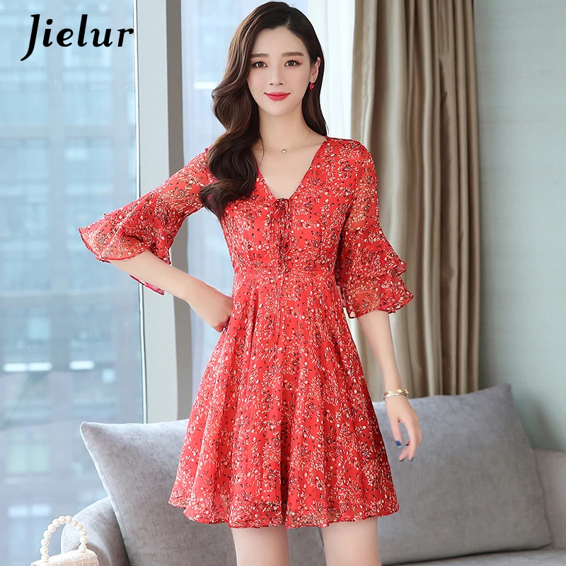 Женское платье с цветочным принтом Jielur бохо шифон пляж модное летнее v-образным