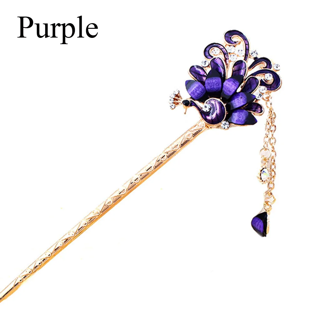 purple 1 шт., модные классические женские шпильки со стразами, украшенные кристаллами, павлином и кисточками, шпильки со стразами для волос, свадебные, вечерние, головные уборы, аксессуары для волос - Окраска металла: purple