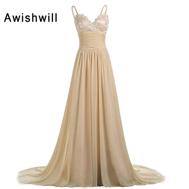 

Простой дизайн, шифоновый корсет на бретелях-спагетти, длинное платье цвета шампанского для вечевечерние НКИ, женские платья для матери нев...