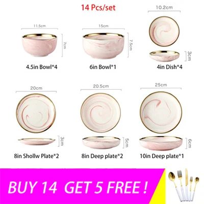 14 Pcs 14 шт./компл. розовый Phnom Penh Керамика набор посуды Мрамор круглая фарфоровая тарелка посуда для домашней посуды Кухня для приготовления пищи - Цвет: 14 Pcs