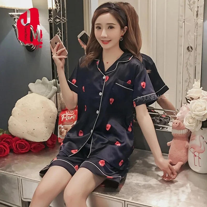 Женская шелковая атласная пижама пижамный комплект короткая Пижама Пижамный