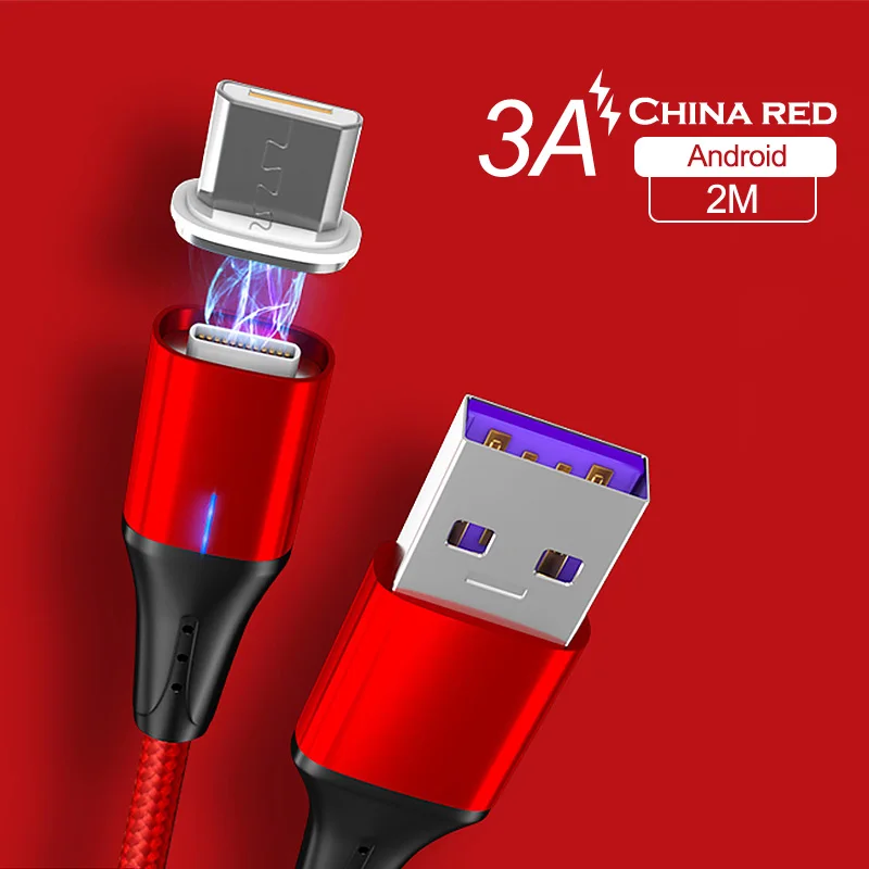 3A Red For Micro Магнитный usb-кабель 3A 2 м для iPhone X, Магнитный зарядный кабель передачи данных для быстрой зарядки, кабель Micro USB type-C для samsung Xiaomi huawei - Цвет: 3A Red For Micro