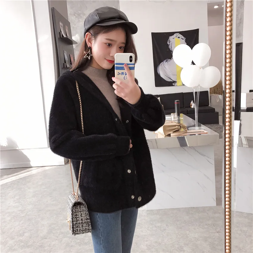 Autumn Winter Mink Cashmere Cardigan Hooded Coat Sweater Women Fashion Button Casual Sweaters Thick Warm Outerwear Female |