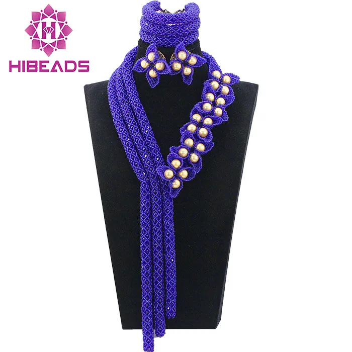 

Romantic Gorgeous Royal Blue Wedding African Beads Jewelry Set Flower Petals Pearl Statement Bridal Jewelry Free Shipping ABL526