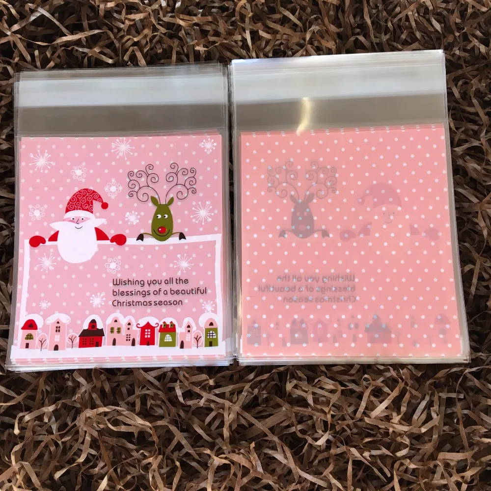 100 шт Розовый Санта Клаус и олень упаковка печенья пластиковые свадебные конфеты