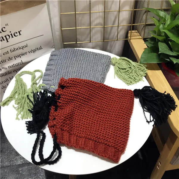 Зимние шапки Skullies Beanies для женщин Harajuku милые девушки кисточкой оплетка теплые черепа сплошной цвет шнуровка вязанные шапки-бобы